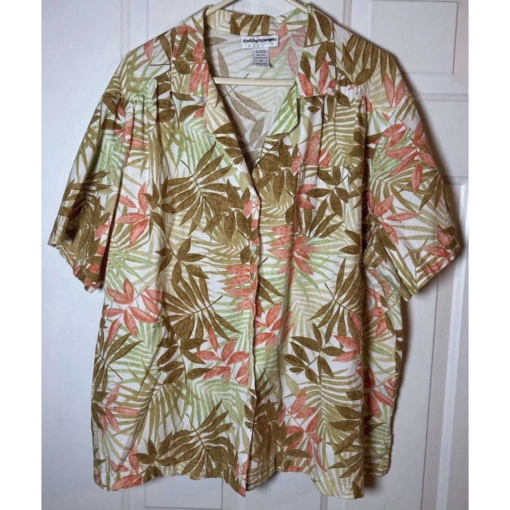 Cathy Daniels Button Down Shirt Women 2X Tan Orange Tropical Leaf Cotton Blend